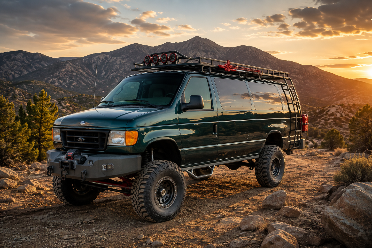 Lifted green Alpine Off Road 4x4 van in mountain terrain