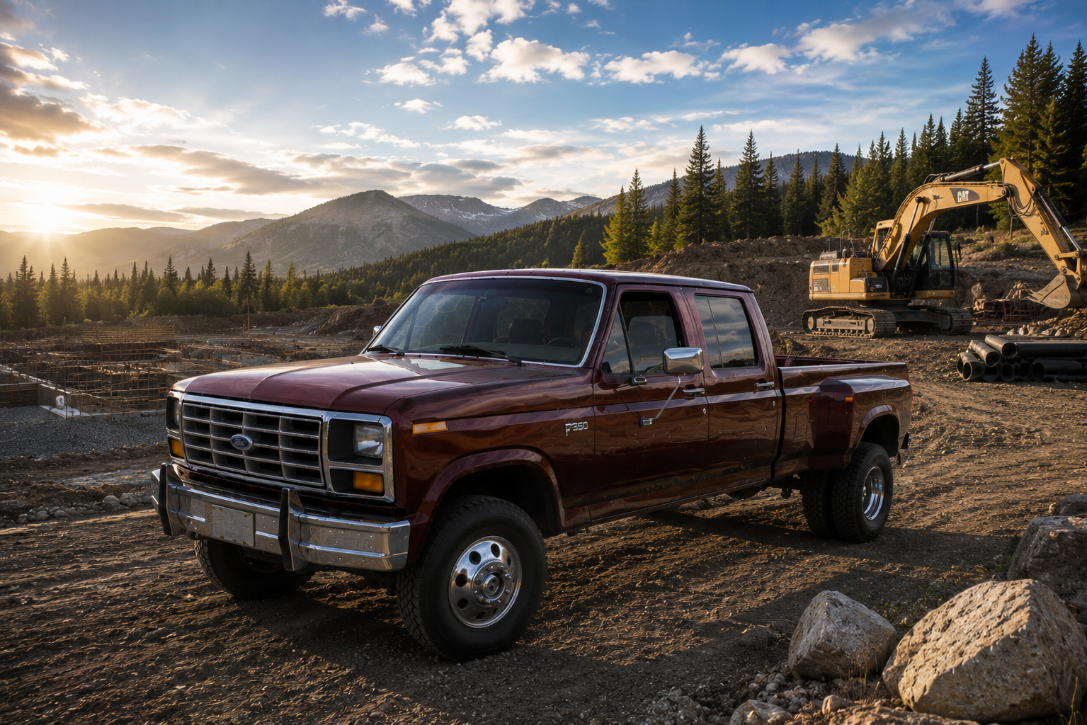 Burgundy Ford F-350 custom truck on a mountain job site